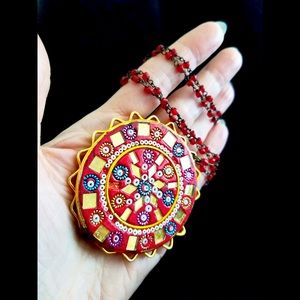 Vintage 70s Mosaic Glass and Beaded Pendant Necklace Made in India